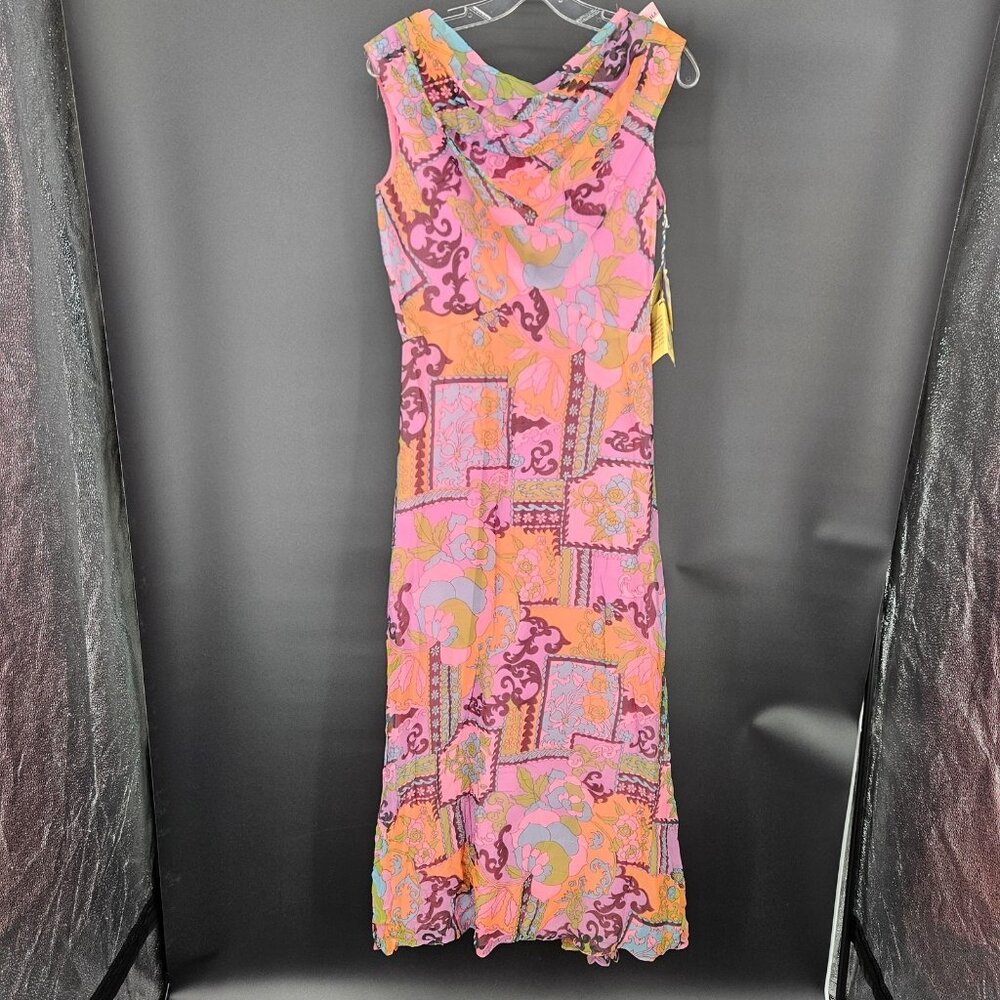 Vintage Elinor Gay Dress Womens 10 Pink Multi Cowl Neck Maxi Rayon 70s NEW Old - Picture 2 of 16